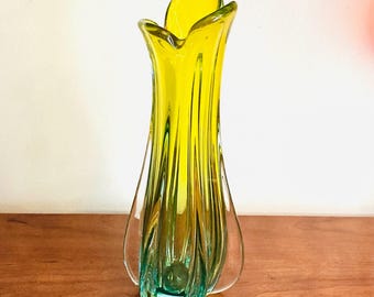 1960s Japanese Sanyu Art Glass Vase, Hand Blown Ombre MCM glass, Yellow Blue Art Glass Vase, Murano style Sommerso vase, Twisted rib vase.