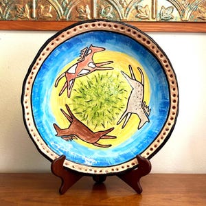 Vintage 12” signed bold horse charger bowl, Abstract, glazed pottery, one of a kind, handmade, hand painted, modern artistic home design.