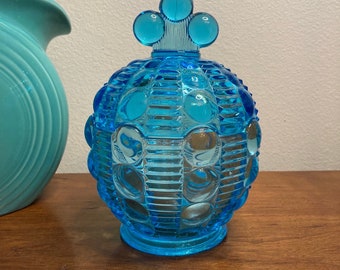 Spectacular 1980s Rare Vintage Aqua Blue Ice Indiana Glass Tiara Dew Drop lidded candy Dish in perfect condition! Highly desirable piece!