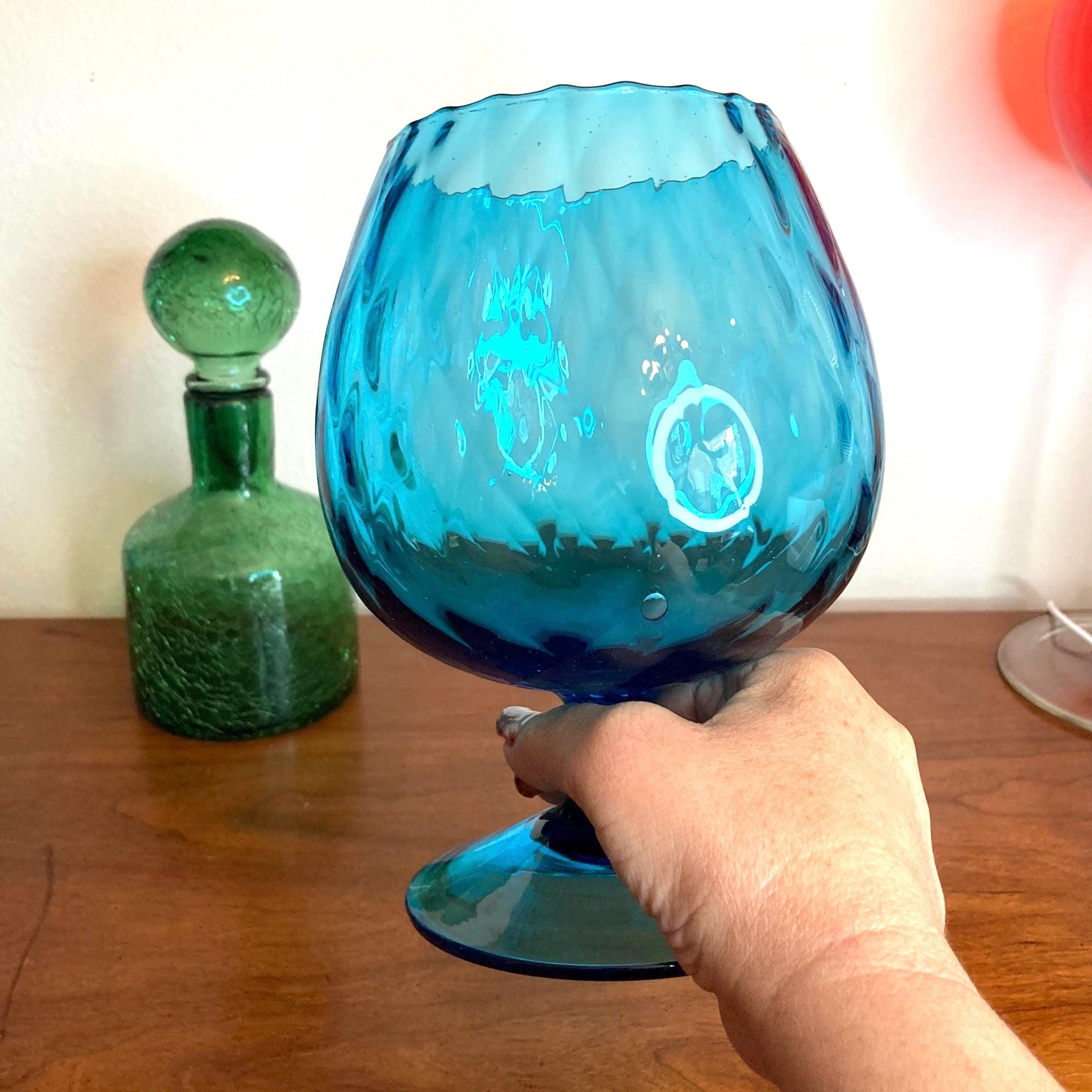1960s 7.5” Empoli Glass Diamond Optic Blue Brandy Sniffer, Italian