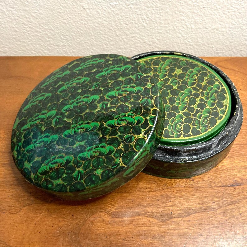Hand Painted Vintage Kashmir  green Coaster Set - 6 Floral Papier-Mâché Coasters with Holder - Perfect Gift for Home Decor, Green beer mats