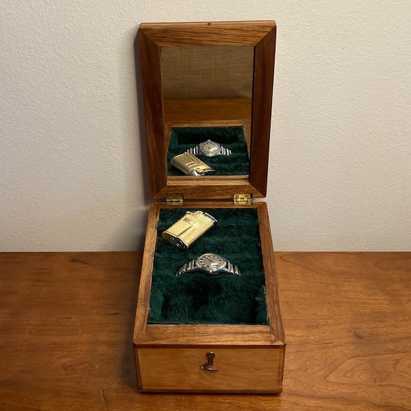 Beautiful vintage rectangular handmade hinged watch box with mirror, made of solid medium oak with trimming inlay of dark wood accents.