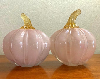 Pair of Small blush Pink Glass Pumpkins, Gold Aventurine Stems, blown glass gourds, Chic Harvest fall decor, boho glass jack o lanterns.