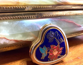 Vintage Cloisonne Heart Pill Box, Miniature Enamel Brass mint box, pill keeper storage box, mini vanity box, Vanity mirror, purse organizer