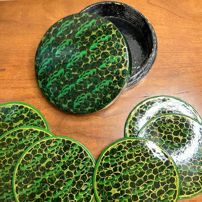 Hand Painted Vintage Kashmir  green Coaster Set - 6 Floral Papier-Mâché Coasters with Holder - Perfect Gift for Home Decor, Green beer mats