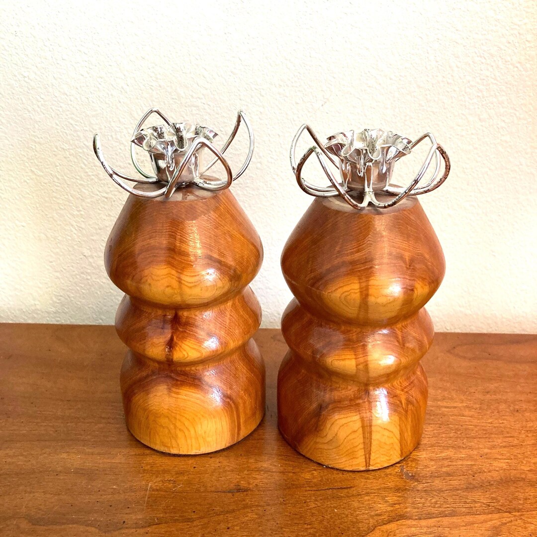 Vintage Wood Taper Candle Holders, Set of 2 Hand Turned Myrtle Wood ...