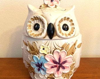Rare Napco retro Hippie Chic 1960s white porcelain Owl Cookie Jar with beautiful pastel  Flowers, made in Japan. Rare Collector MCM piece!
