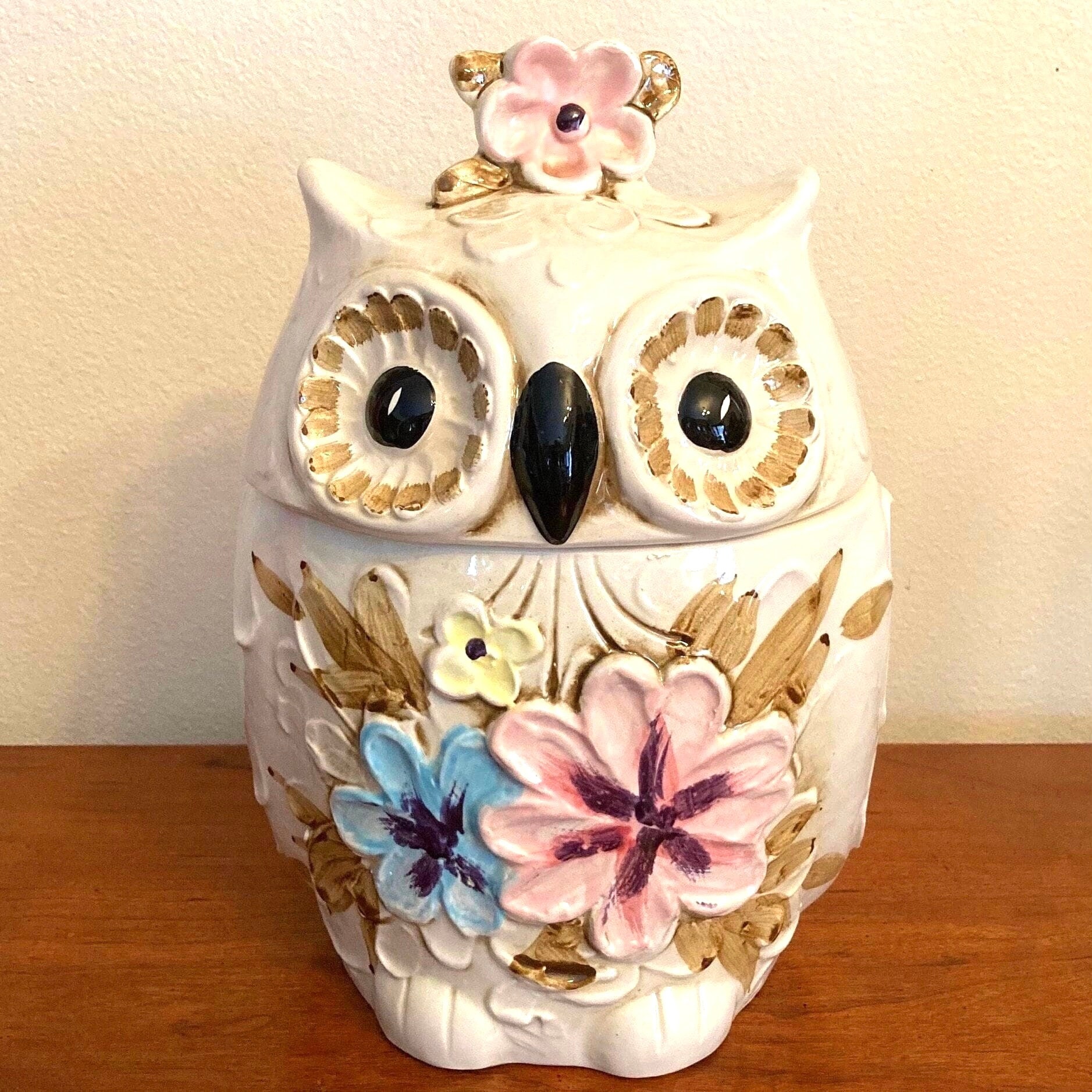 Rare Napco Retro Hippie Chic 1960s White Porcelain Owl Cookie Jar