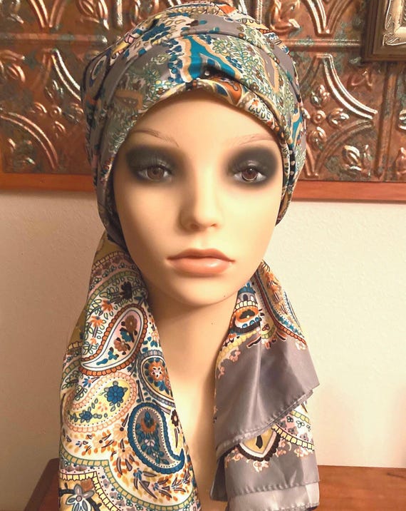 Vintage Gray Silk Scarf - Boho Chic Medallion & Paisley Print - Versatile Decor or Fashion Accent - 50" x 50" Square, fashionista gift.