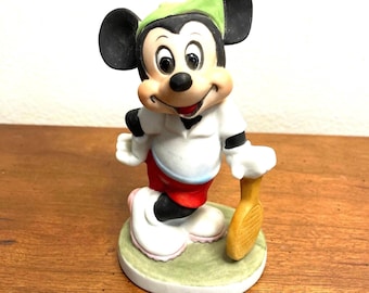 1980s Mickey Mouse Tennis Player Figurine, Bisque Porcelain, Walt Disney collectible statue, Tennis enthusiast gift, vintage Cartoon mouse.