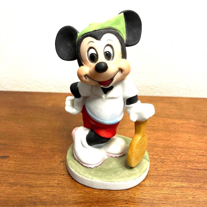 1980s Retro Disney Mickey Mouse Tennis Player Figurine, Bisque Porcelain Walt Disney Character, Racket Pickle ball, Nostalgia  Cartoon.