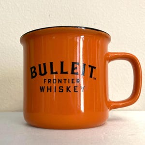 Bulleit Frontier Whiskey Orange mug, Nostalgic Advertisement mug, collectior Java coffee cup, vintage barware dining, Alcohol brand mugs.