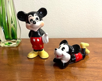 Vintage 1980s pair of Walt Disney Productions painted ceramic adorable 1930s Style Mickey Mouse Figurines Made in Japan.