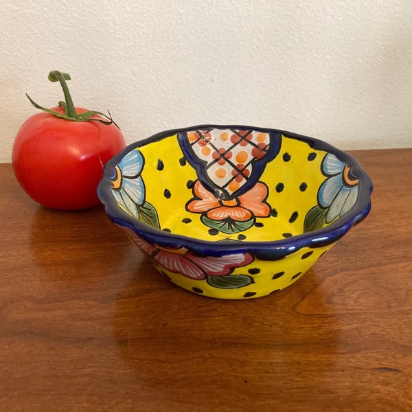 Vintage floral Mexican hand painted Talavera Salsa Condiment bowl, Lead Free clay bowl, colorful kitchen ware, serving dish, housewarming.