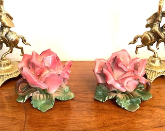 Beautiful vintage Italian hand crafted Capodimonte Pink ombré Rose Floral Flower Porcelain taper Candle Holders with twig formed handles.