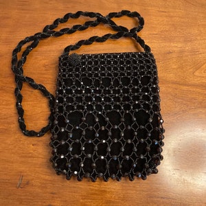 Vintage Beautiful heavily beaded Hillard and Hanson elegant sleek Black velvet shimmering bead circle weaved pattern Shoulder Evening Bag .