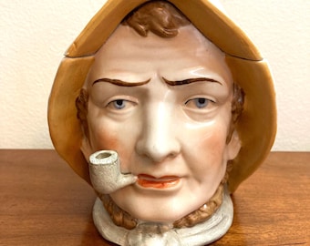 Antique Majolica Toby Jar, Hand Painted Sailor with Pipe, vintage Nautical Barware, Tabacco nostalgia collector, old Tabacco humidifier.