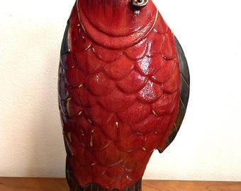 vase vintage chinois en poterie poisson Koi Gurgle, vase poisson asiatique, plage côtière en céramique, grand vase artisanal de 14 pouces, décoration moderne et contemporaine.