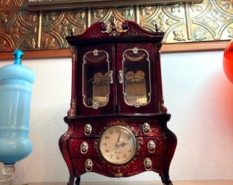 Beautiful Desirable vintage Red Brown turquoise shell style plastic jewelry cabinet, spinning ballerina and clock, retro jewelry box.