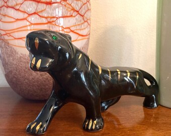1950 MCM 10” Black Ceramic Crouching Stalking Panther With Green