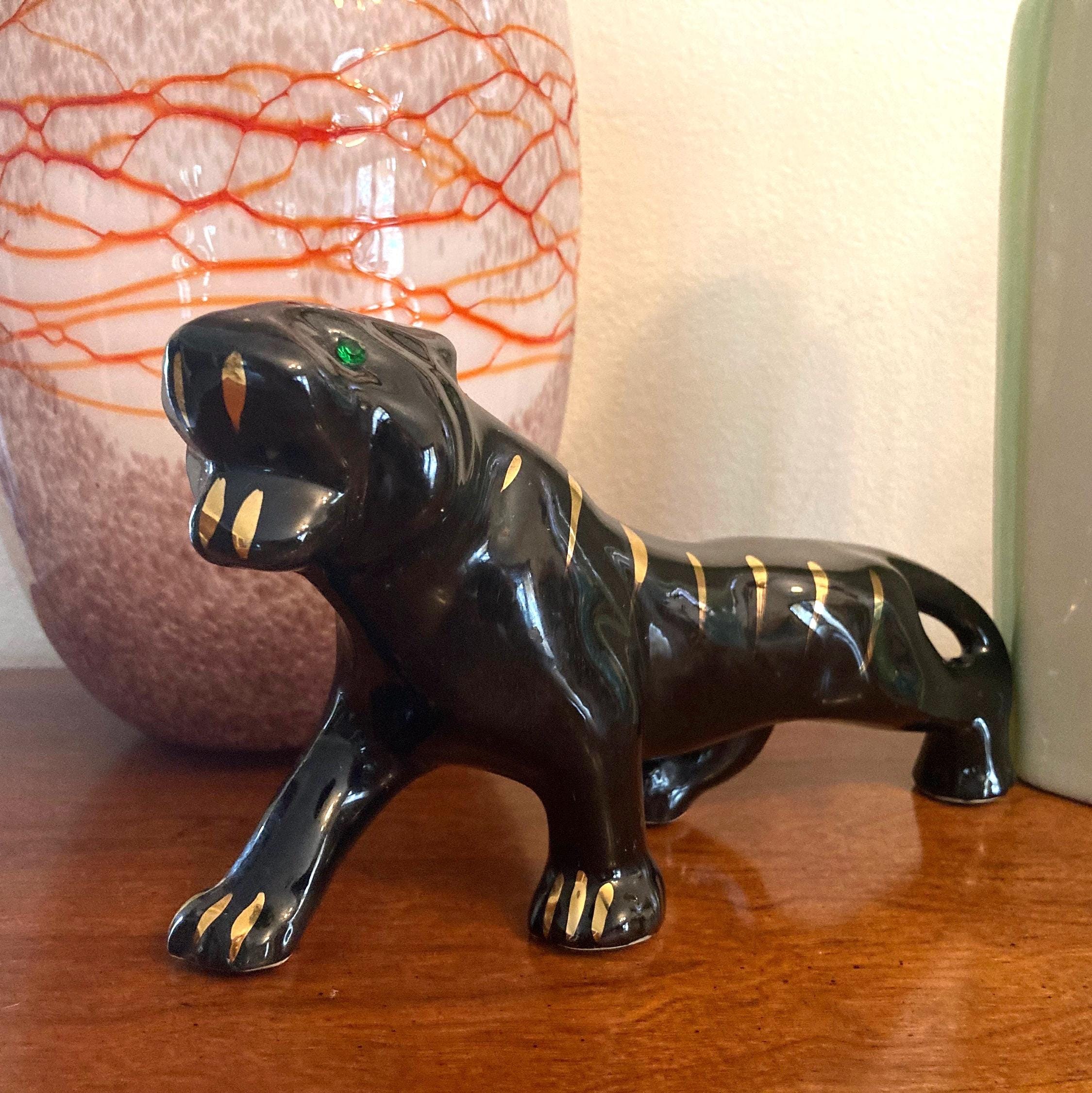 1950 MCM 10” Black Ceramic Crouching Stalking Panther With Green