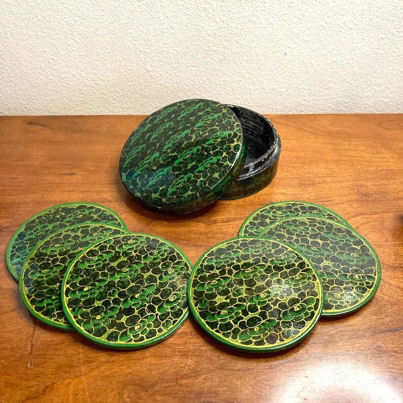 Hand Painted Vintage Kashmir  green Coaster Set - 6 Floral Papier-Mâché Coasters with Holder - Perfect Gift for Home Decor, Green beer mats