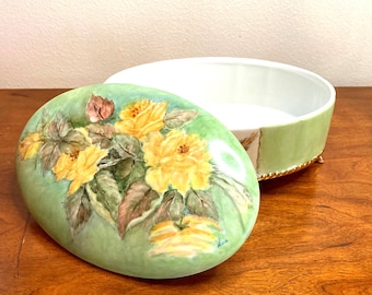 Elegant Large Porzellan Bavaria Germany Jewelry Box - Artist Signed - Shabby Chic Farmhouse Decor - Yellow Roses - Floral Statement Piece.