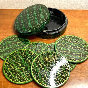 Hand Painted Vintage Kashmir  green Coaster Set - 6 Floral Papier-Mâché Coasters with Holder - Perfect Gift for Home Decor, Green beer mats