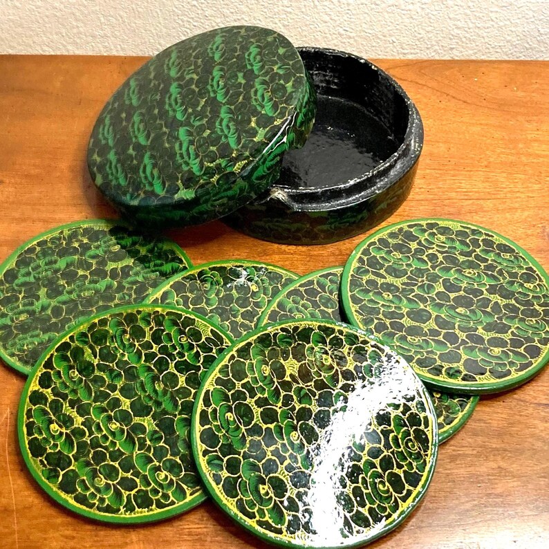 Hand Painted Vintage Kashmir  green Coaster Set - 6 Floral Papier-Mâché Coasters with Holder - Perfect Gift for Home Decor, Green beer mats