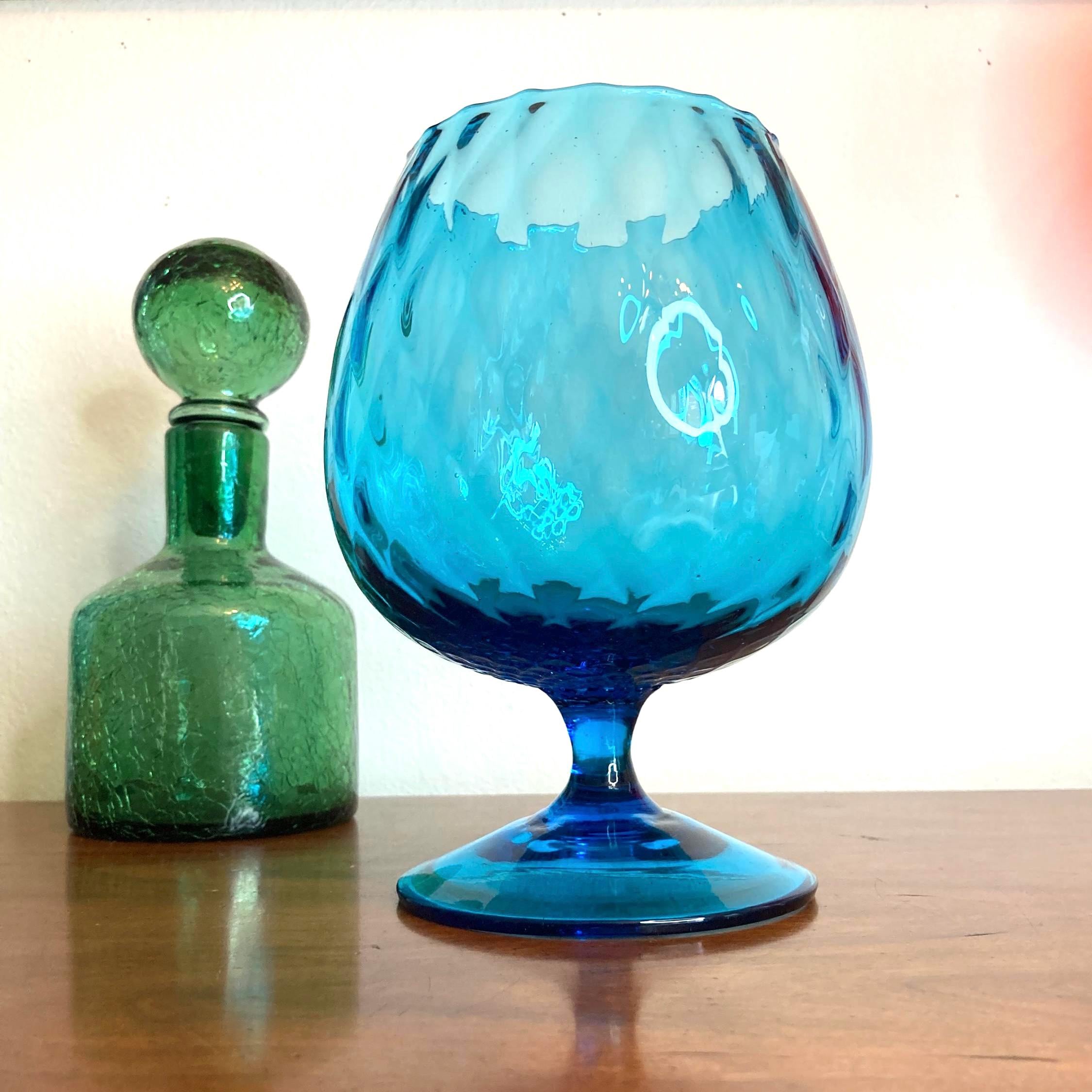 1960s 7.5” Empoli Glass Diamond Optic Blue Brandy Sniffer, Italian