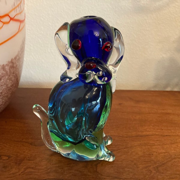 Retro 1960s hand blown Italian Archimede Seguso Sommerso Murano Glass Drioli crème de menthe Dog half pint Decanter in Greens and blues.