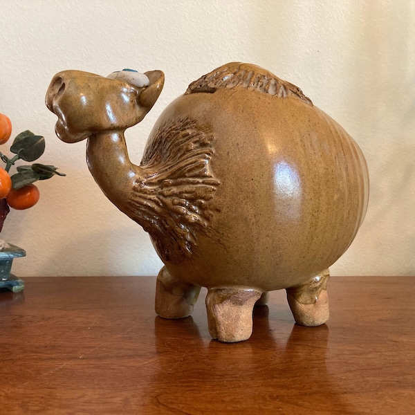 Vintage large high quality handmade whimsical Folk Art Pottery stoneware camel money collection bank. 4lbs of Lovely!