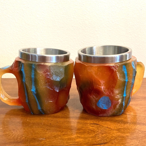 Vintage Faux Agate Acrylic handled Mugs, Handmade resin Mineral Rock  Barware, stainless steel interior, coffee tea mugs, gemstone cups.