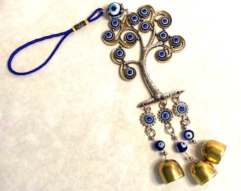 Vintage Turkish Evil Eye Tree of Life Wind Chime, Blue Glass Bells, Protection Pendant