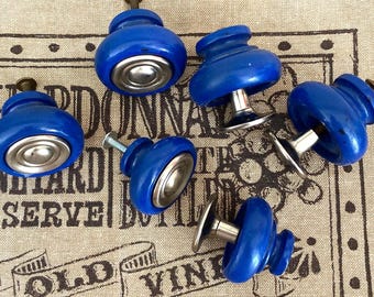 Chic Navy Blue Cabinet Hardware - Authentic Set of 6 Vintage Wooden Drawer Pulls with Silver hubcap accent, Retro Navy Wooden Knobs.