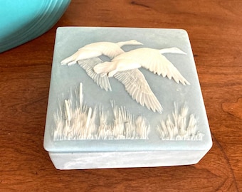 1960s Retro blue Incolay square carved soapstone bird in flight jewelry box, nature inspired dresser box, jewel storage, jewelry organizer.