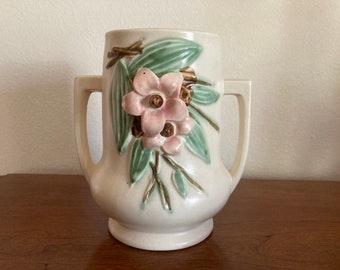 McCoy Pottery vase Blossom Time relief pattern. Pink Dogwood flowers with green leaves. 1940's. Would look great with Toile Motif!