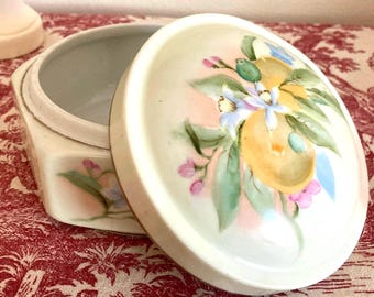 Romantic vintage Art Deco Nippon Hand Painted hexagon porcelain jewelry Powder Box, Oranges and blossoms, ceramic vanity trinket stash box.