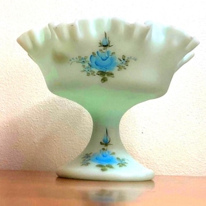 Vintage Hand Painted Fenton USA Blue Satin Custard Glass Ruffled Bowl, Signed Sue Foster, Vintage American glassware, Candy Compote bowl.