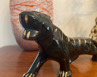 1950 MCM 10” Black Ceramic Crouching Stalking Panther With Green