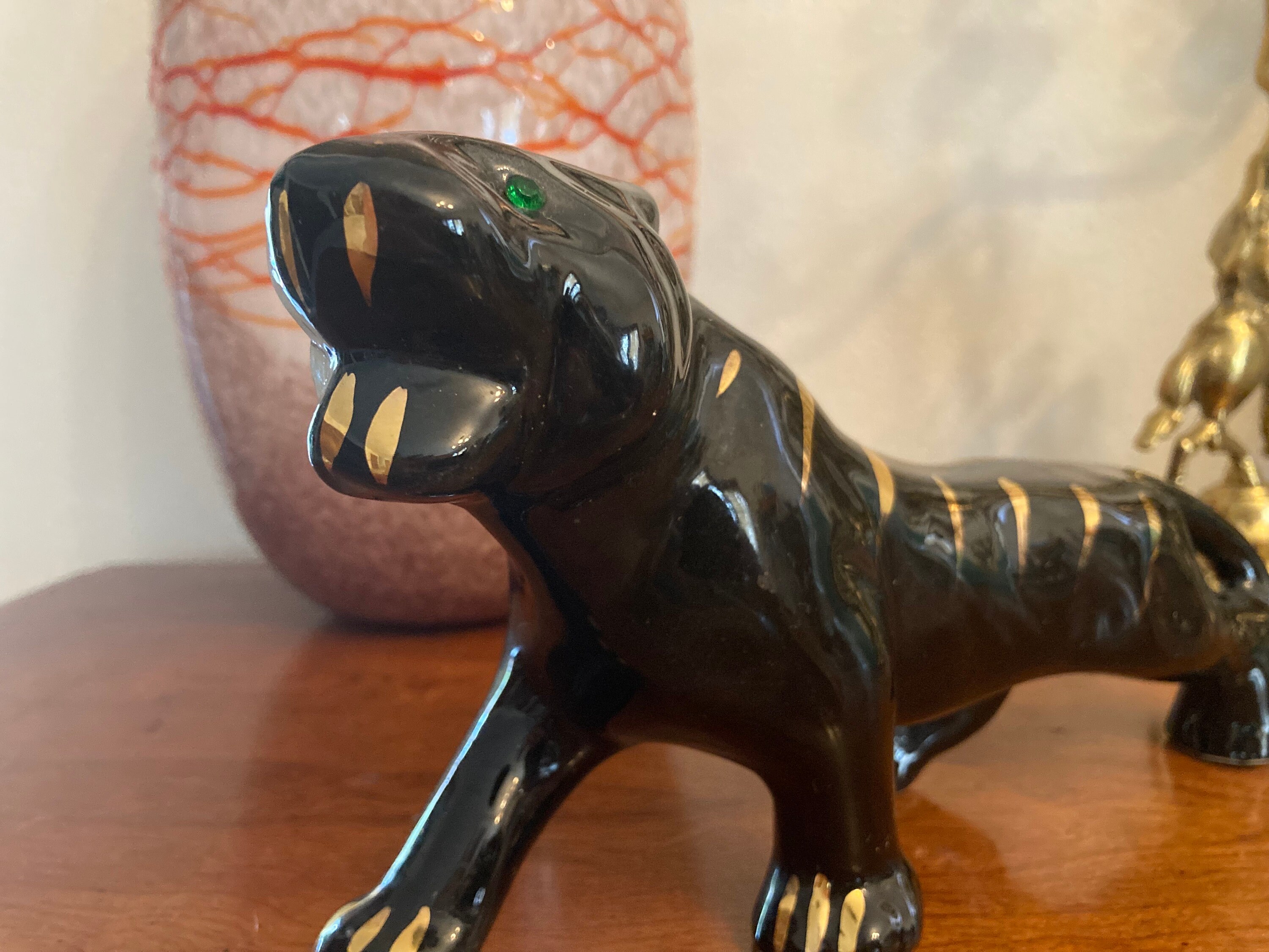 1950 MCM 10” Black Ceramic Crouching Stalking Panther With Green