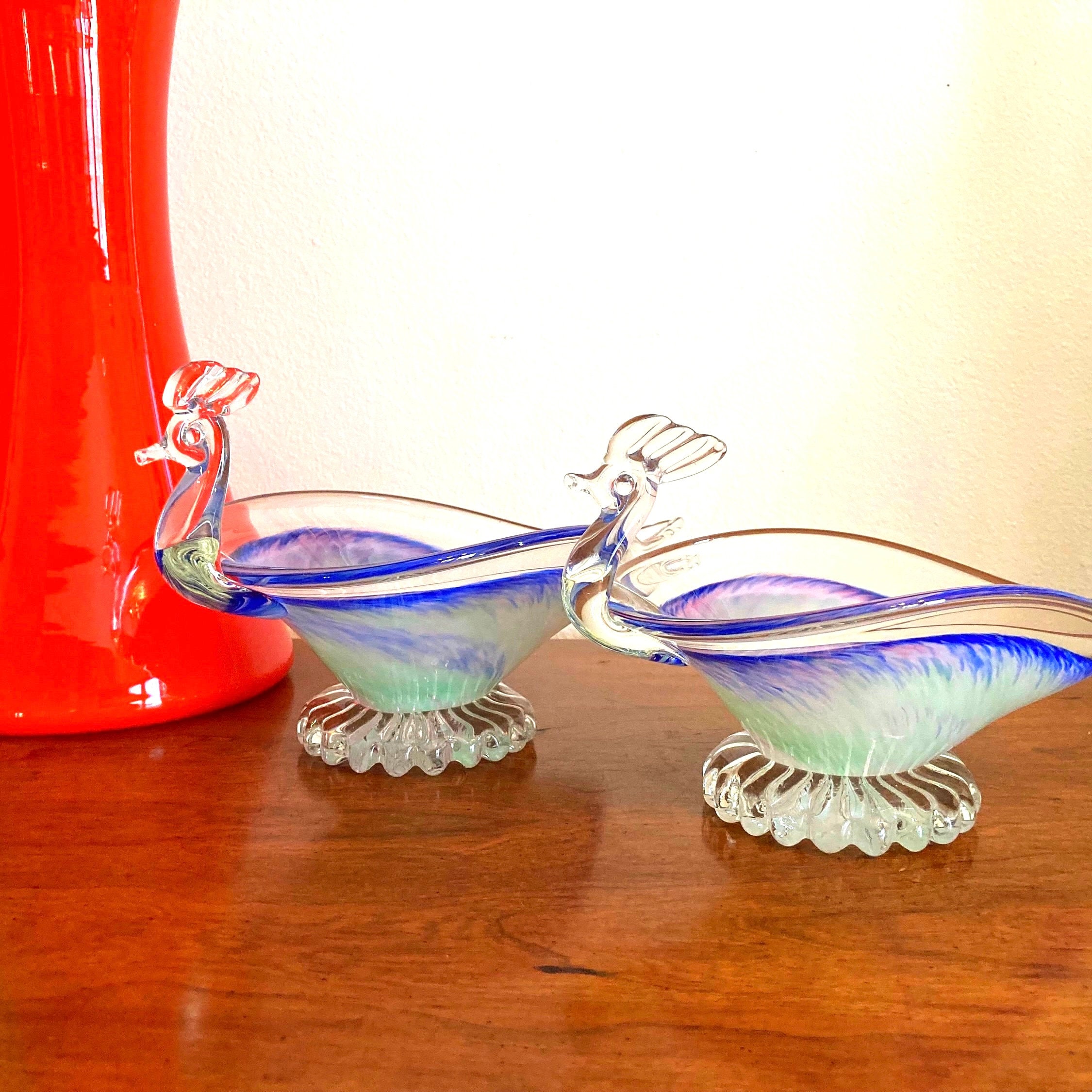 置物 Murano Italy Venetian glass Charming Murano Venetian Art Glass Bird of Paradise Bowls - Retro