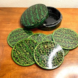 Hand Painted Vintage Kashmir  green Coaster Set - 6 Floral Papier-Mâché Coasters with Holder - Perfect Gift for Home Decor, Green beer mats
