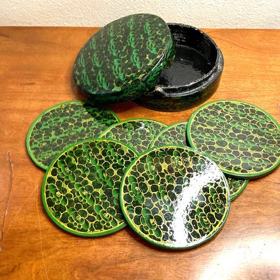 Vintage Hand Painted Kashmir Coaster Set, Floral Papier Mache Barware, vintage coffee table coasters, beer mats, Bar cart accessory gifts.
