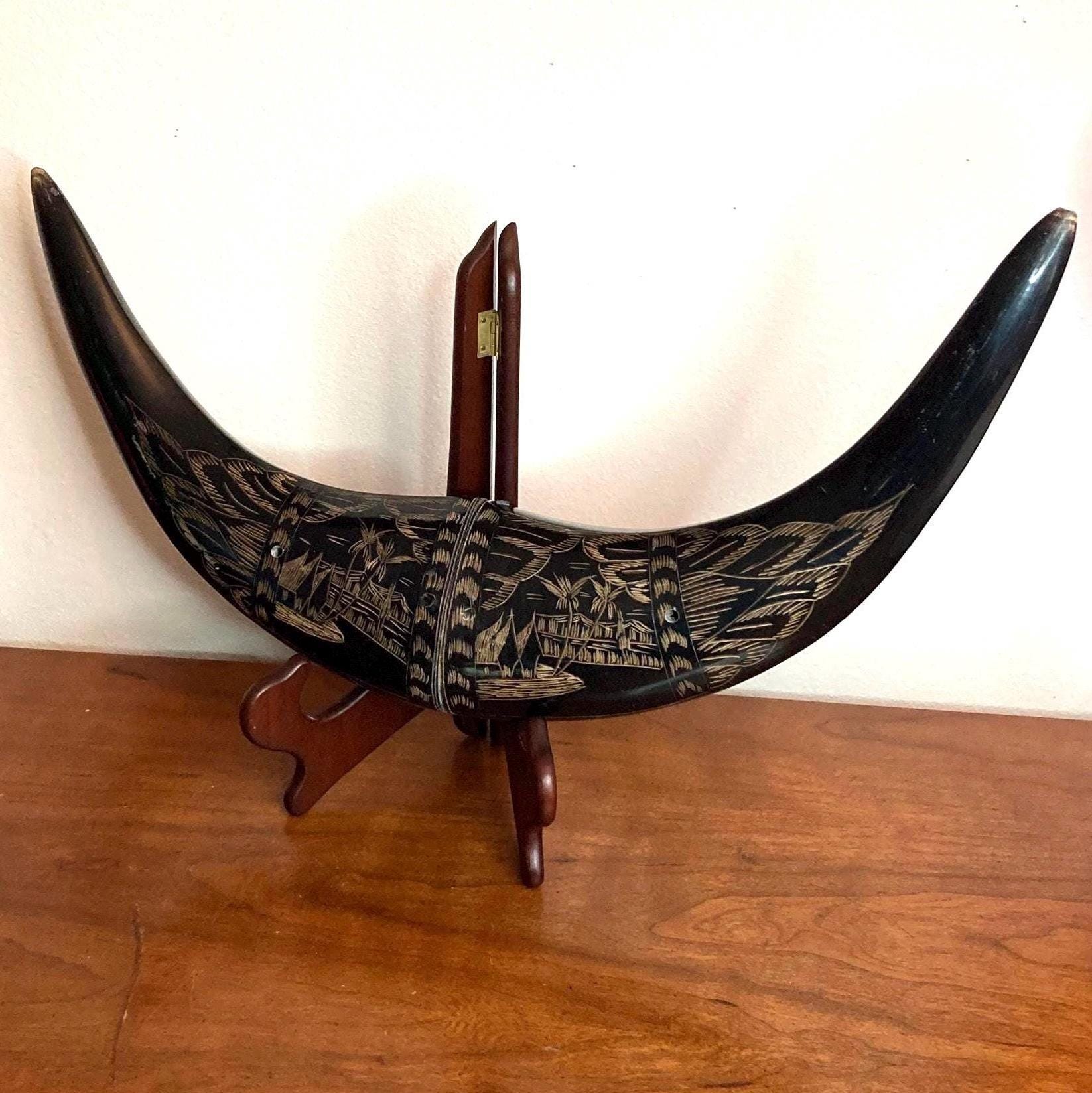 Vintage Lacquered Water Buffalo Horns, Etched Asian Skull Mount