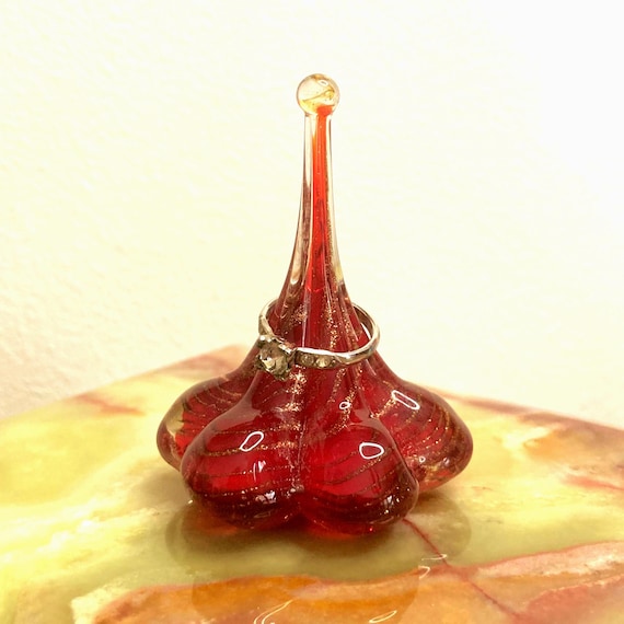 Vintage Cranberry Red Art Glass Ring Holder, Gold Aventurine