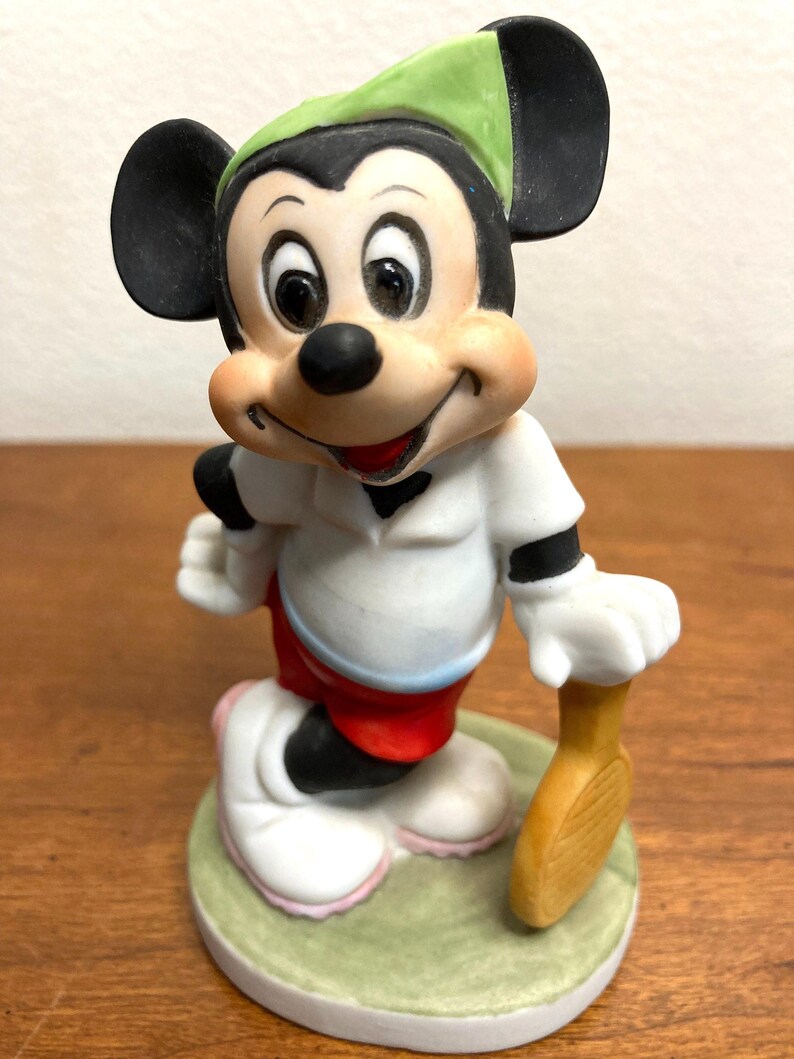 1980s Retro Disney Mickey Mouse Tennis Player Figurine, Bisque Porcelain Walt Disney Character, Racket Pickle ball, Nostalgia  Cartoon.