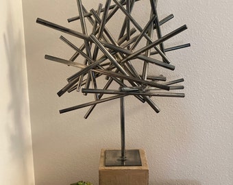 1960 minimalist Metal abstract Starburst  Decor with rustic wooden Base. Unknown artist. No signature