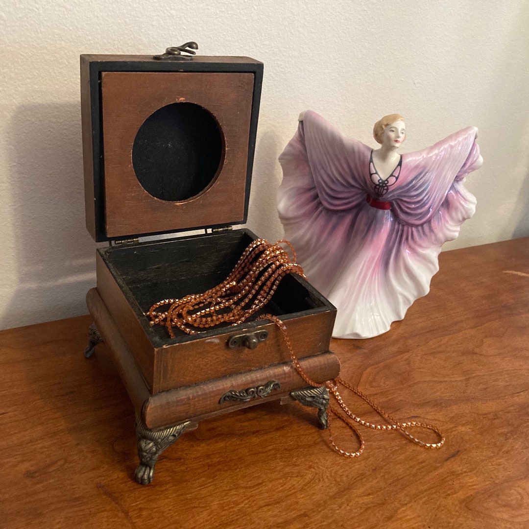 Vintage Rustic Wood Clock Case Trinket Box With Drawer and Metal Lion