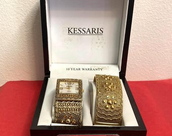 Vintage Kessaris Gold tone Ladies Watch & Bracelet set, Boxed, wide band bangle watch set, hinged MOP watch, Retro stacking bangle bracelet.